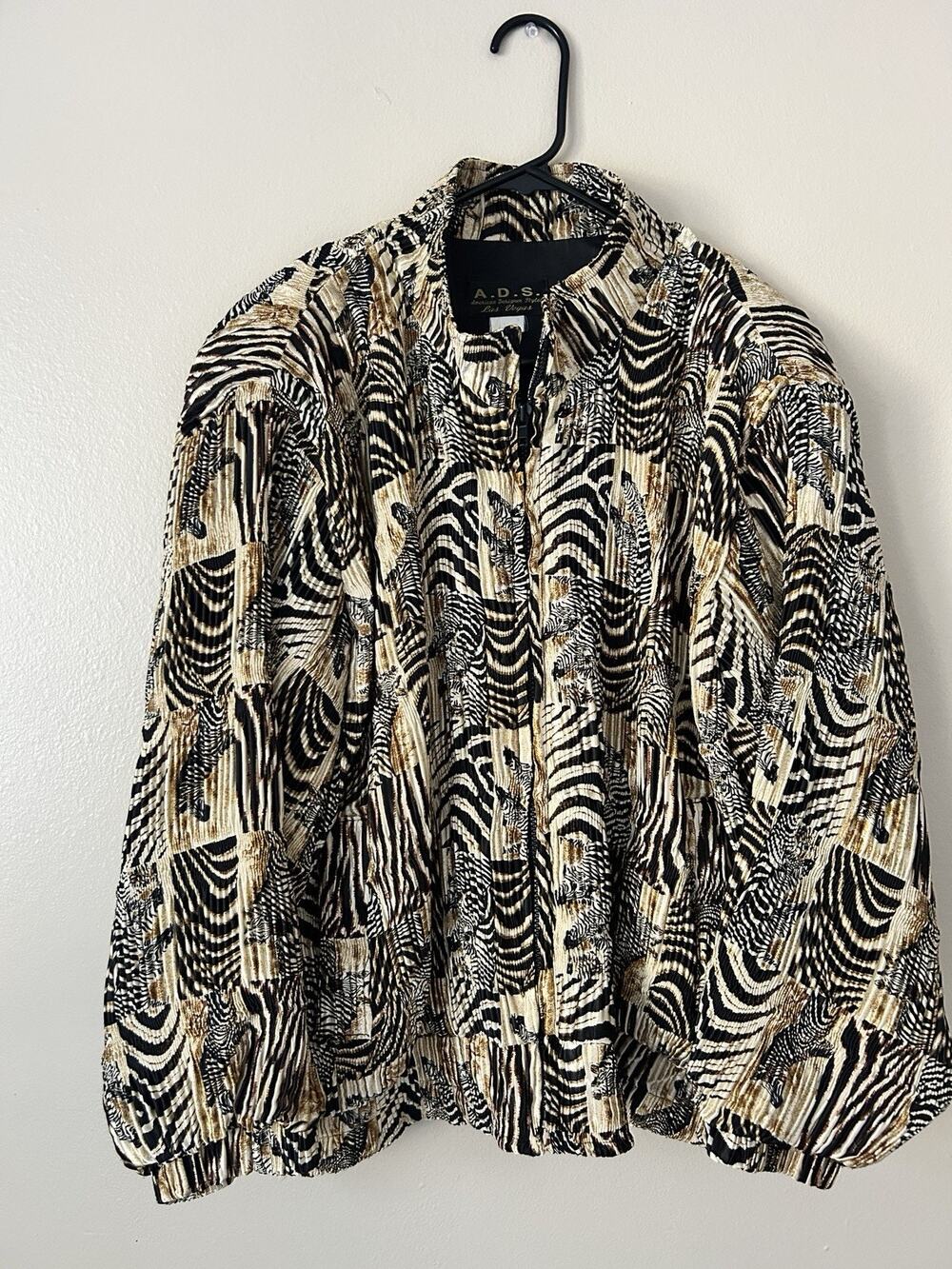 Vintage A.D.S. Las Vegas Pleated Zebra Animal Print Zip Jacket Women Medium